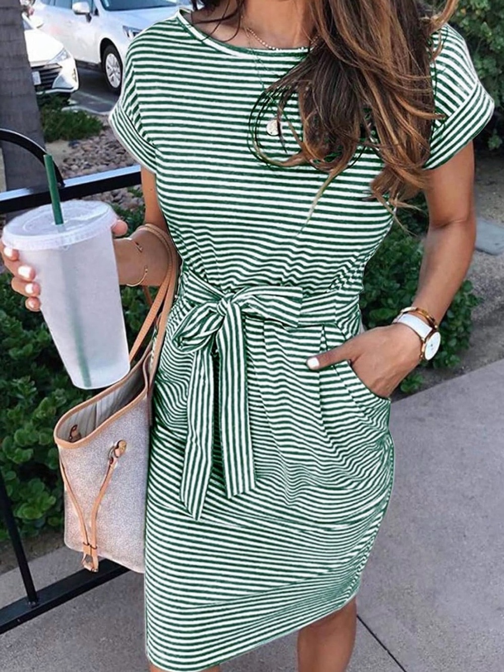 Striped Green Tie-Waist Casual Dress